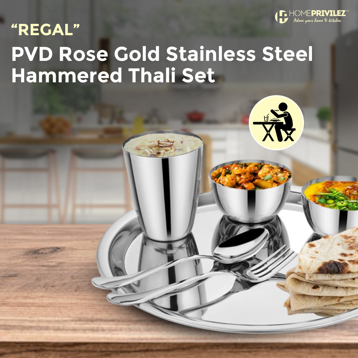 “Regal” Stainless Steel Thali /Dinner Set of 8 pcs (Gold, Steel & Rose gold)